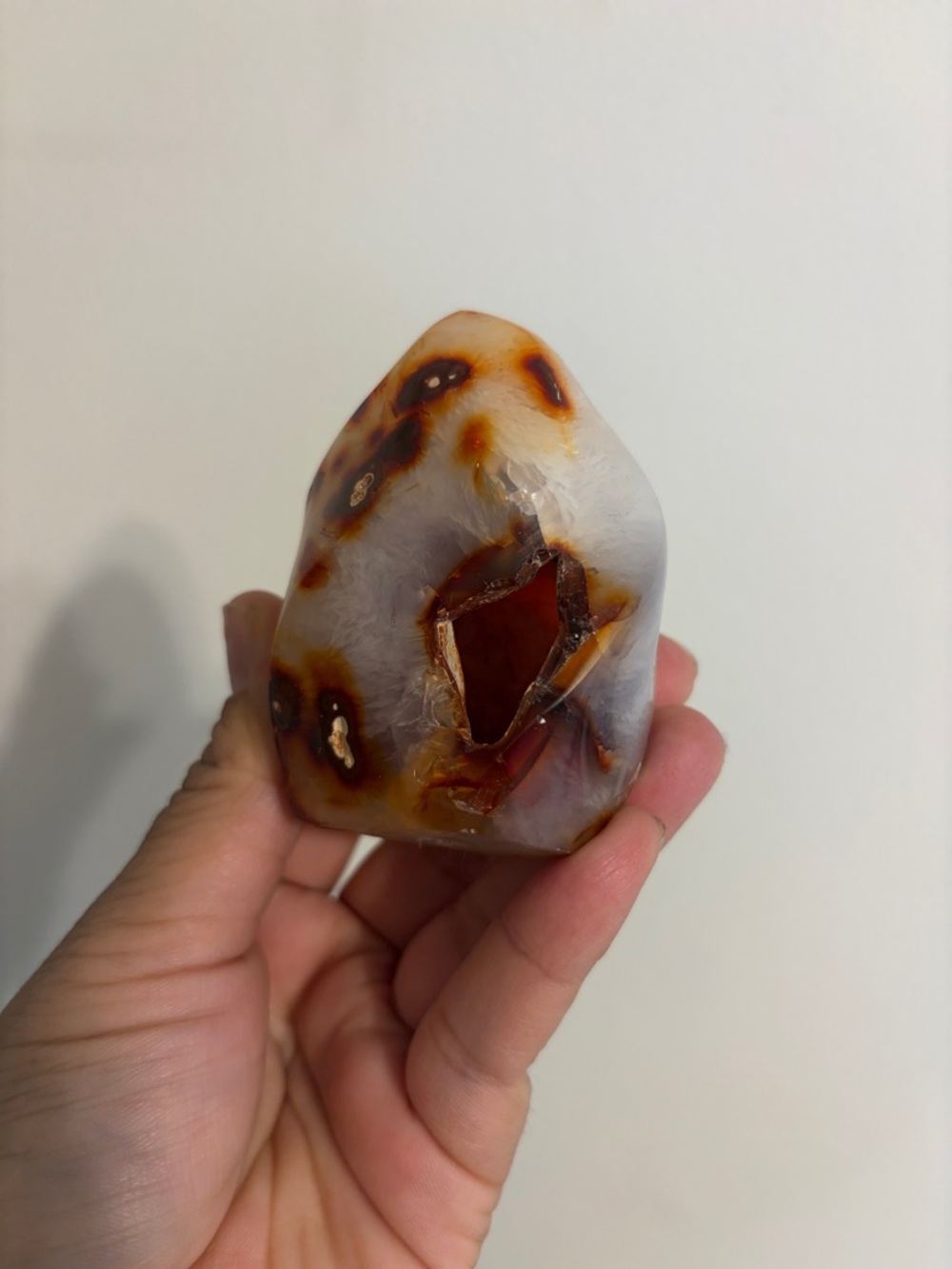 Polished Carnelian Agate Geode Display Piece - White & Rust Orange